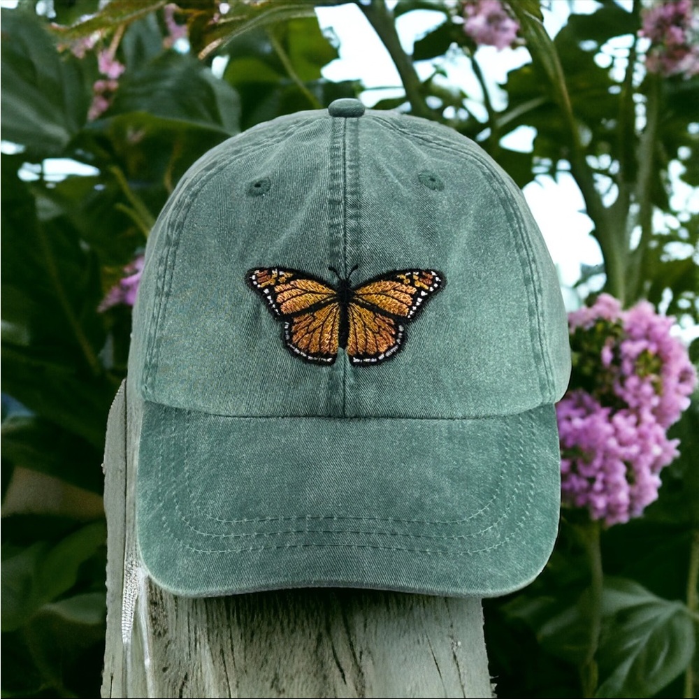 Monarch Butterfly Embroidered Baseball Cap, Sage Green